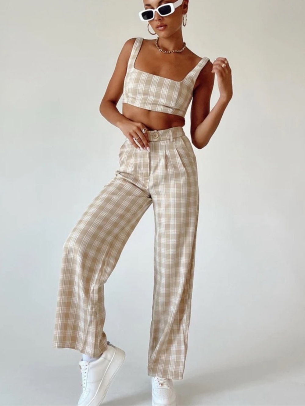 Princess Polly Beige Plaid High-Waist Wide Leg Pants NEVER WORN